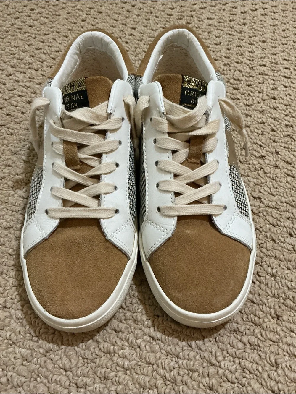 Vintage Havana Tan Suede & White Leather Sneakers with Houndstooth Trim